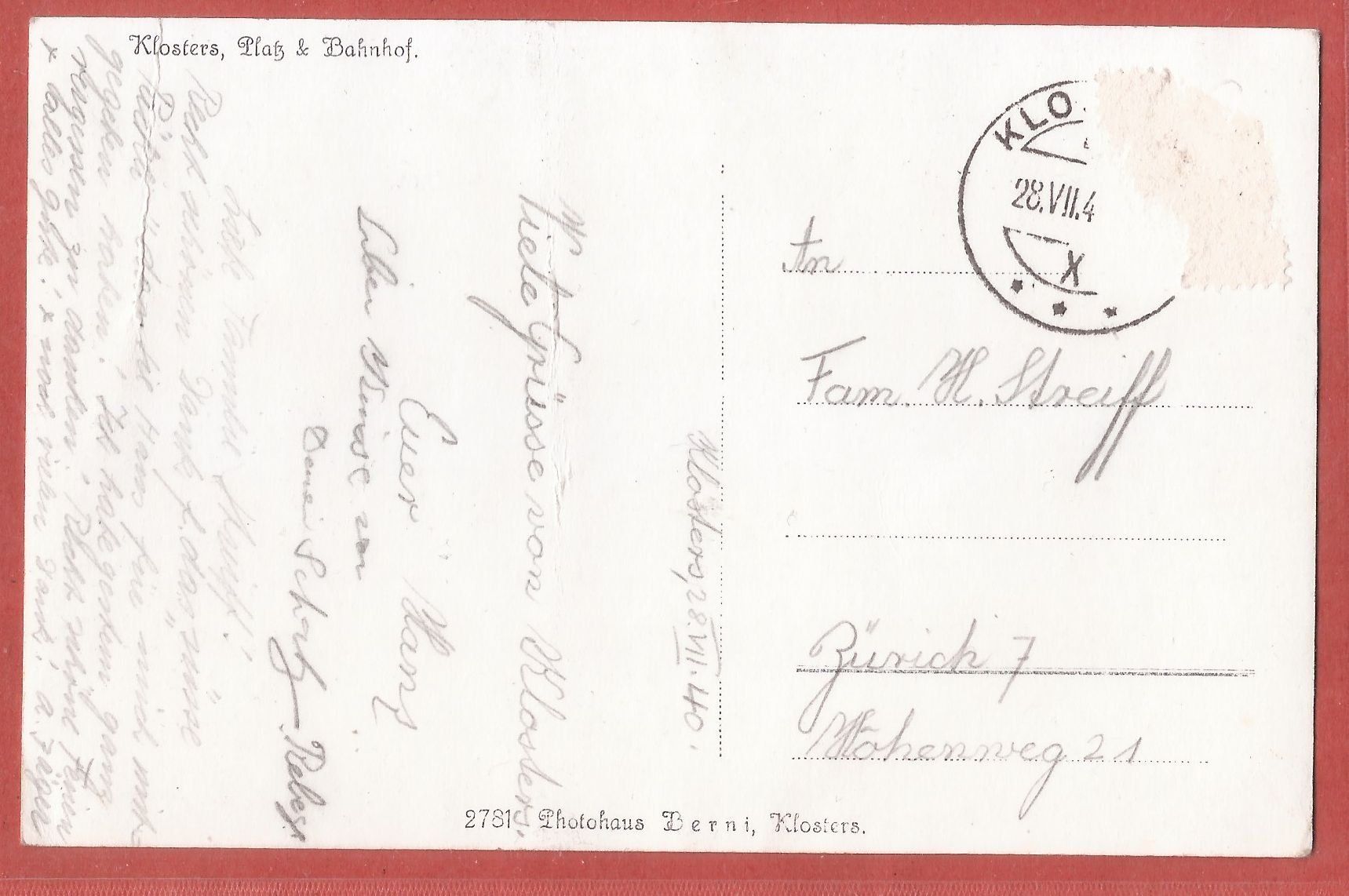 Cartoline postali: Klosters Platz mit Bahnhof RhB - 1940 – Usato da Fislisbach venduto da Porano 1