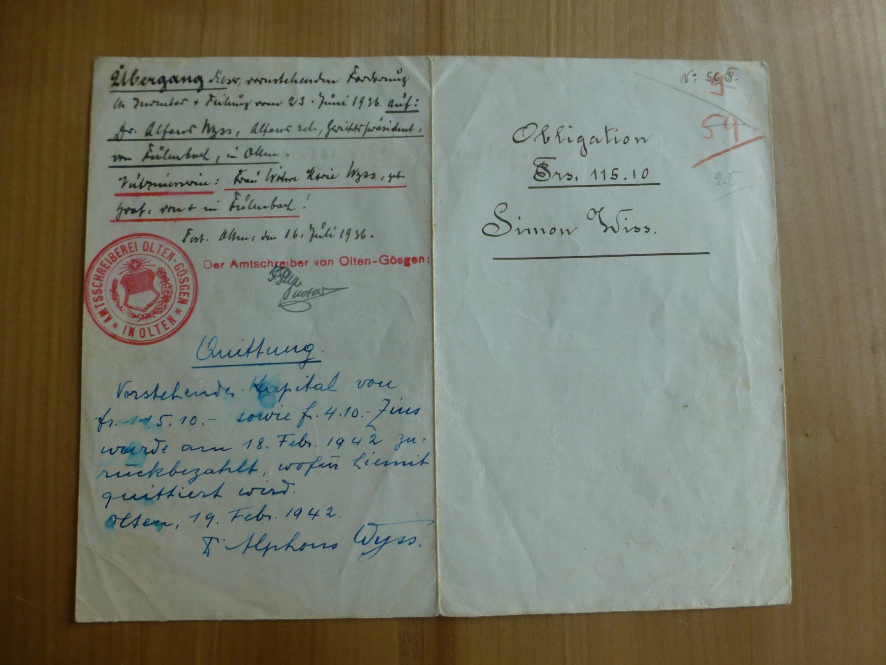 Documenti: Fulenbach, Obligation-Beleg, 1942 – Usato da Bettlach venduto da 1saurer 1