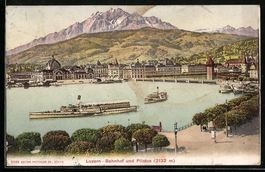 AK Luzern, Bahnhof und Pilatus, 1908
