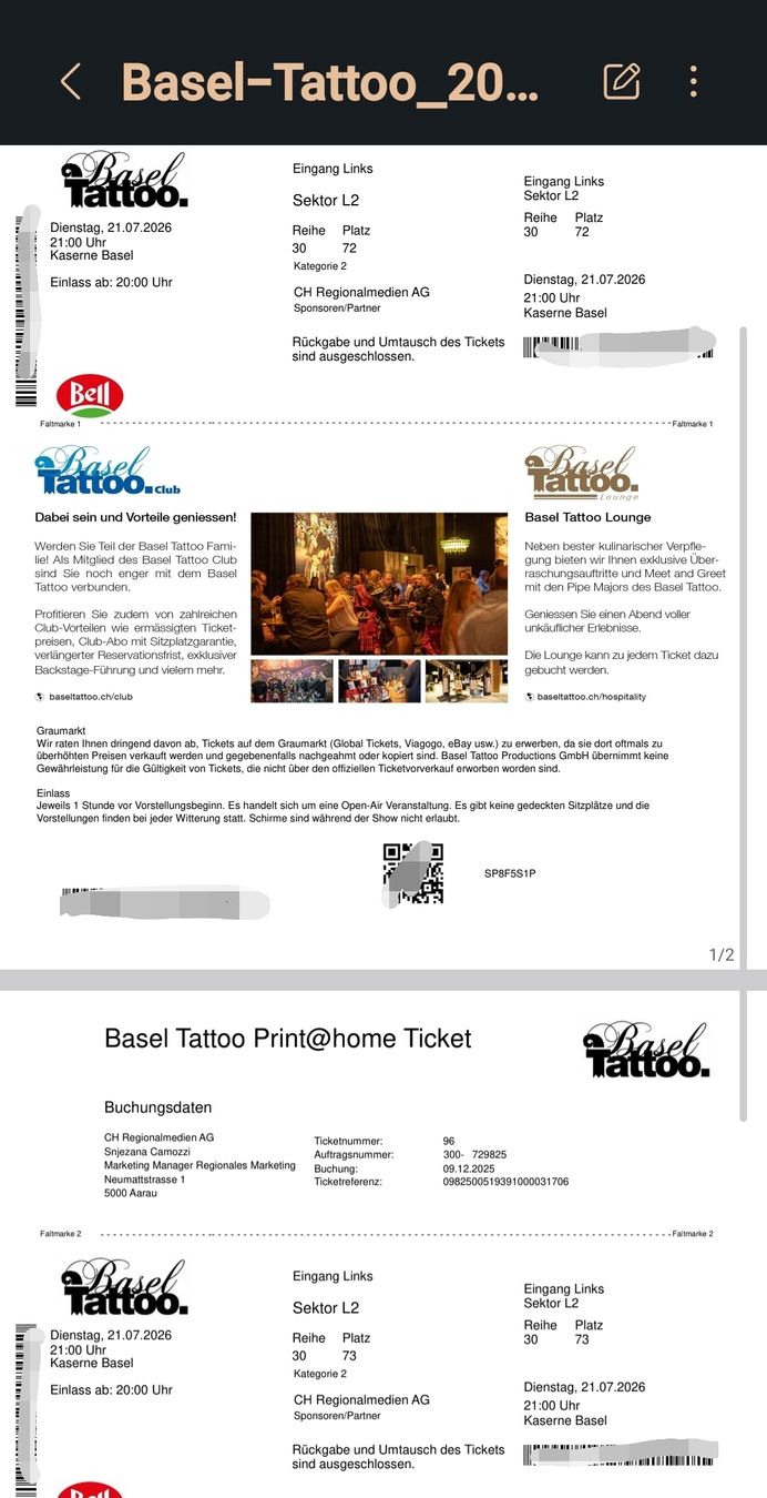 Biglietti: Tickets Basel Tattoo – Nuovo e nell'imballaggio originale da Neuenhof venduto da malaika82