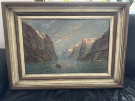 Ölgemälde Max Usadel Fjordlandschaft mit Boot gerahmt