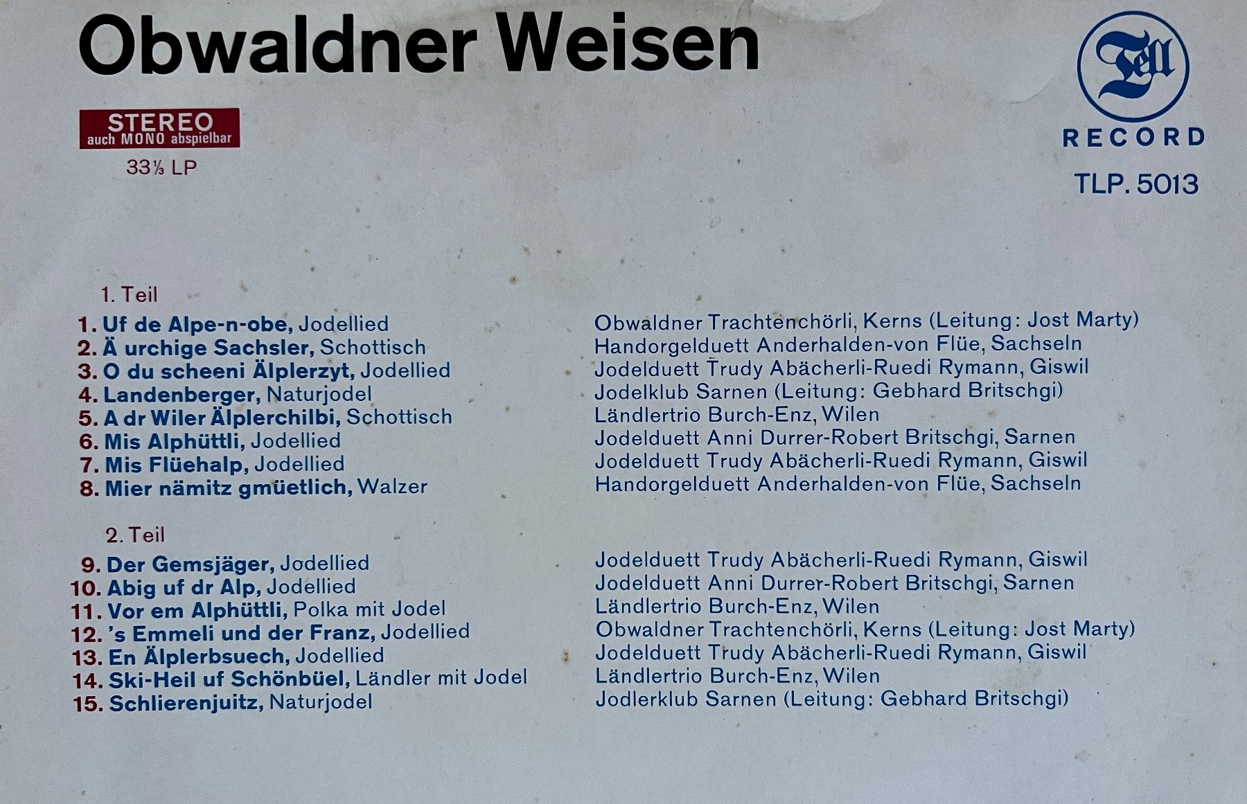 Dischi in vinile: Obwaldner Weisen Ländlertrio Burch-Enz LP GEWASCHEN – Usato da Unterseen venduto da vinylmore 1