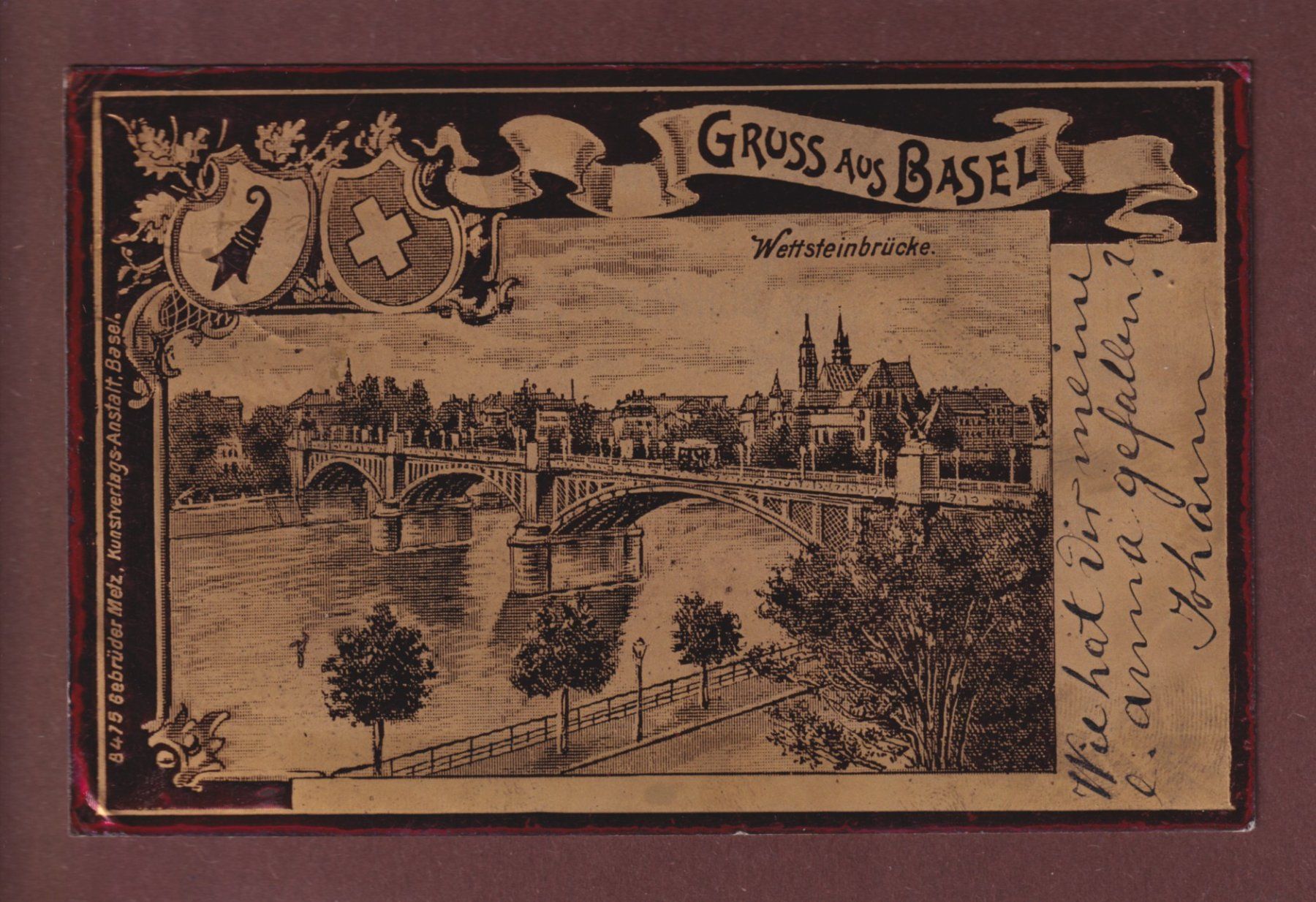 Cartoline postali: Gruss aus BASEL - Metallischer Effekt - 1900 – Usato da Pully venduto da nicecards