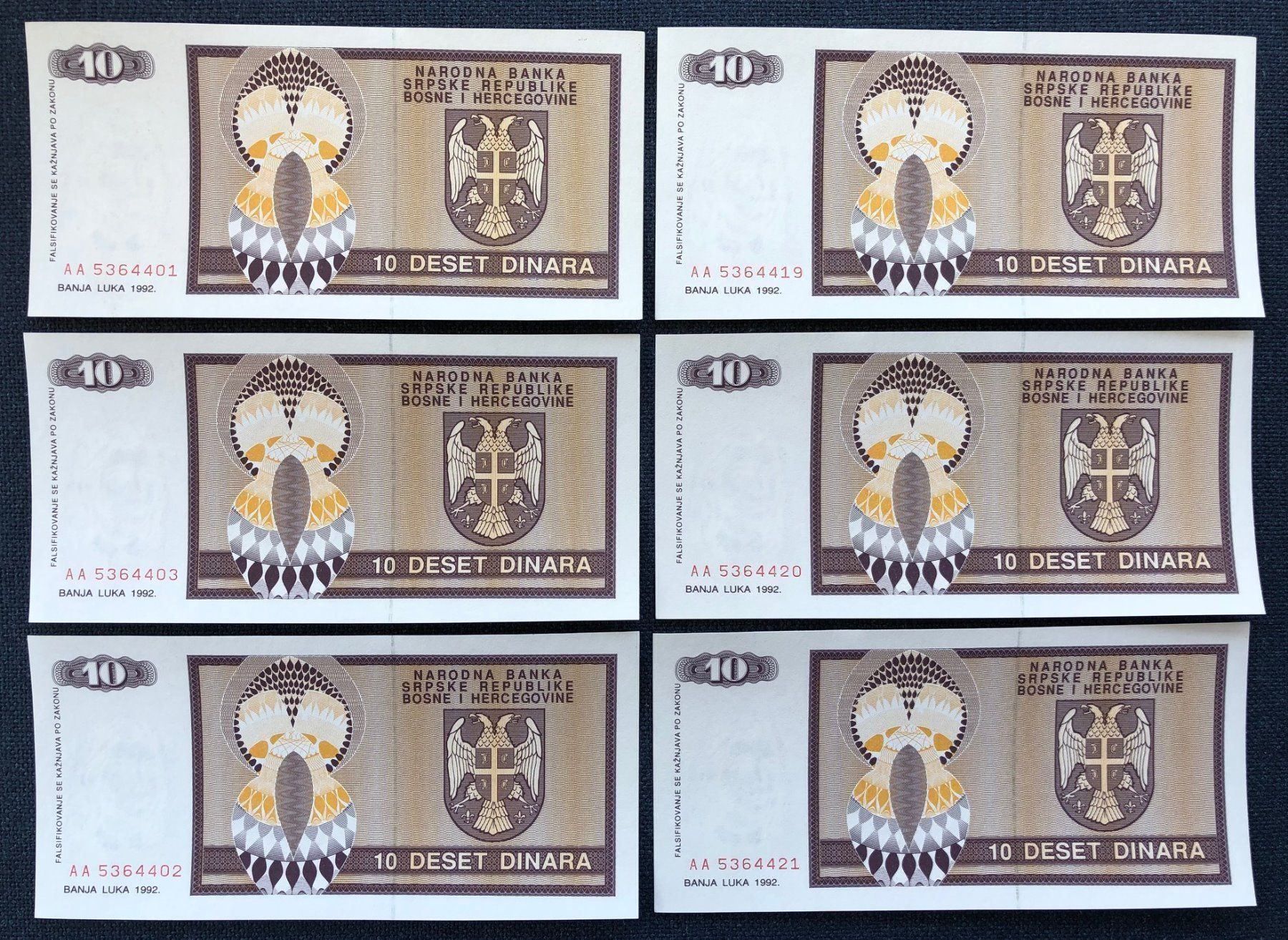 Banconote: Banja Luka 1992 - 6x10 Dinar UNC – Nuovo (secondo la descrizione) da Pfäffikon SZ venduto da Sieben77