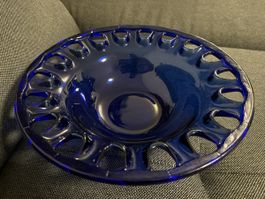 Vintage Gitter eingefasste Glasschale Cobaldblau