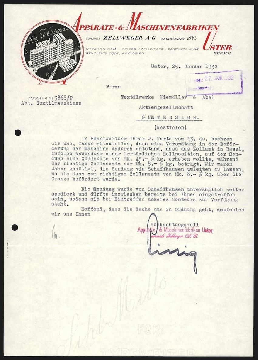 Altre raccolte & rarità: Rechnung Uster 1932, Apparate-, Maschine – Usato da Berlin venduto da bartko-reher