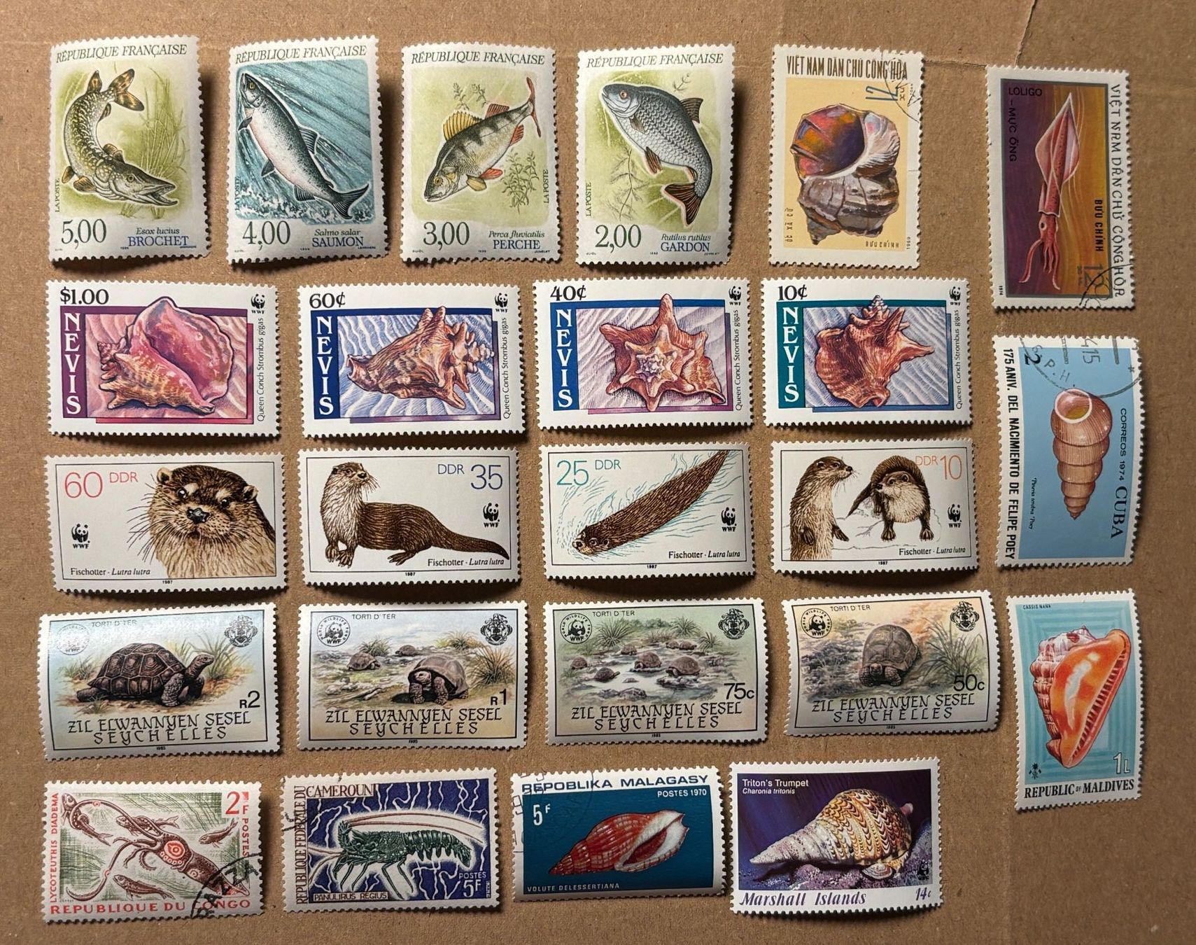 Alle Briefmarken: 24 versch. Briefmarken div. Länder mit Fischen Wassertiere – Gebraucht aus Baar von bricksandmore 1