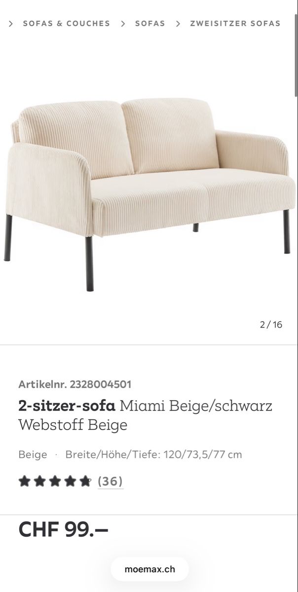 Mömax Divani: 2-Sitzer Sofa Miami Beige/schwarz Webstoff Breite 120cm – Usato da Dübendorf venduto da Mausis 1