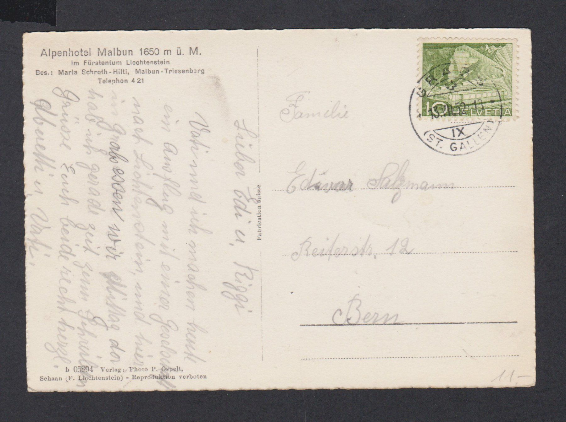 Cartoline postali: FL  Liechtenstein  :   alte Ansichtskarte Hotel Malbun 1952 – Usato da Vitznau venduto da Ropaku 1