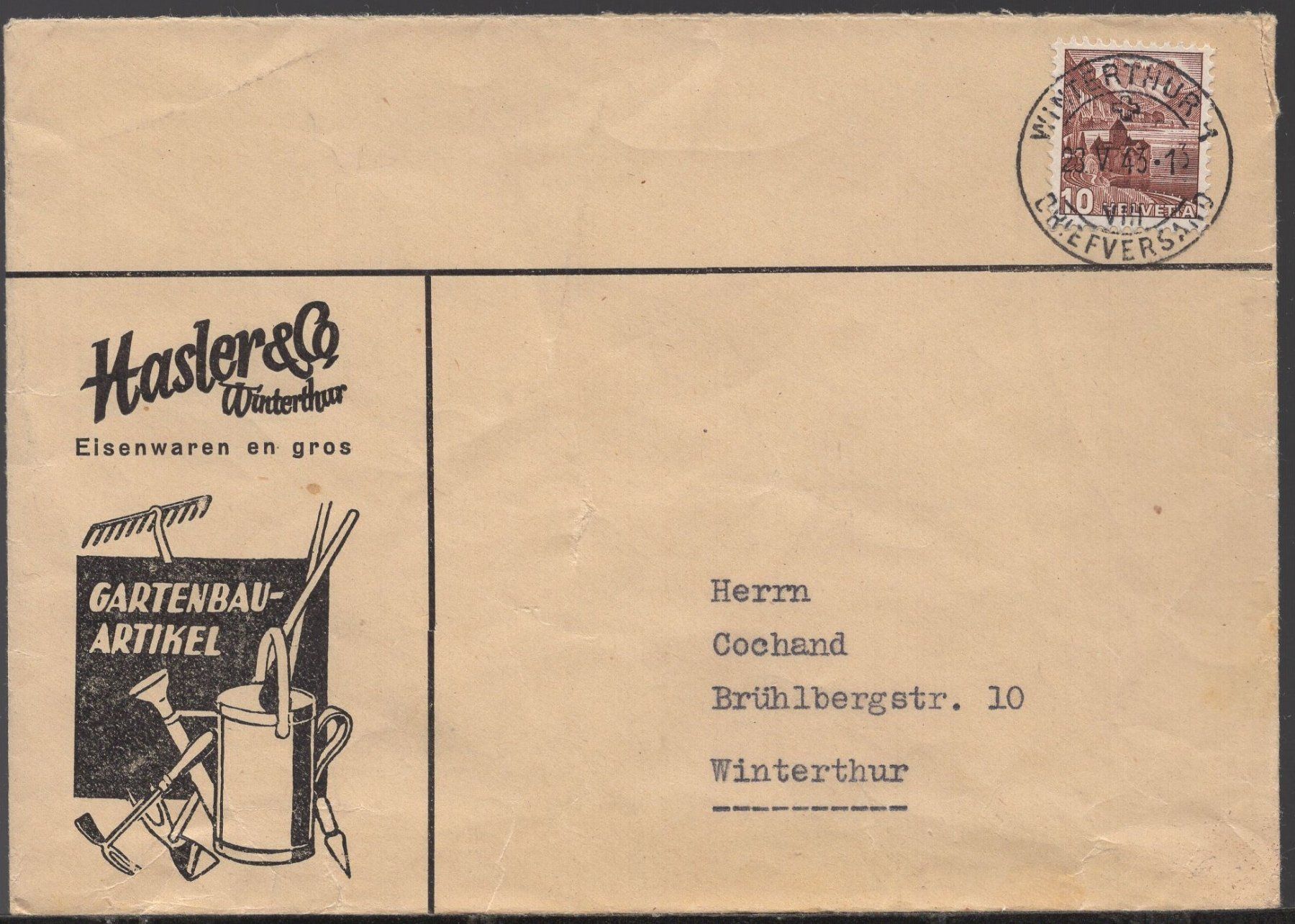 Tutti i francobolli: WINTERTHUR, 28.V.43    Hasler  & Co  Eisenwaren en gross – Usato da Aarau venduto da kufi44