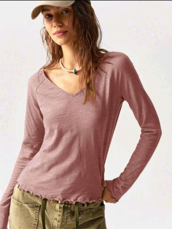 NEU Langarmshirt - L - Baumwolle mit V-Ausschnitt / altrosa