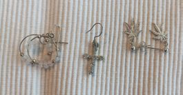 3 Paar Ohrringe: Kreuz, Blatt, Creolen