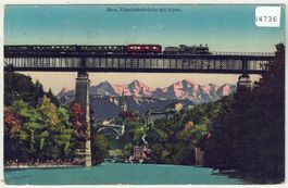 Bern - Eisenbahnbrücke mit Zug und Alpen - Litho