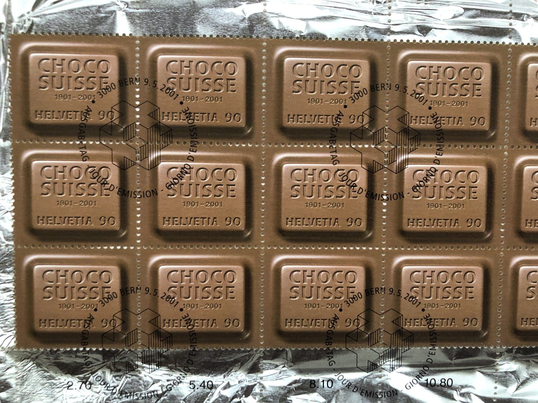 Tutti i francobolli: FDC - Kleinbogen - 9.Mai 2001 - 100 Jahre Chocsuisse – Usato da Schaffhausen venduto da durruti 1