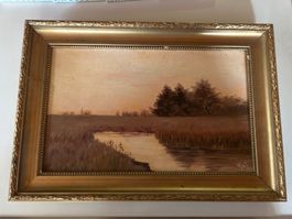 Gemälde Landschaft mit Fluss signiert Öl auf Leinwand