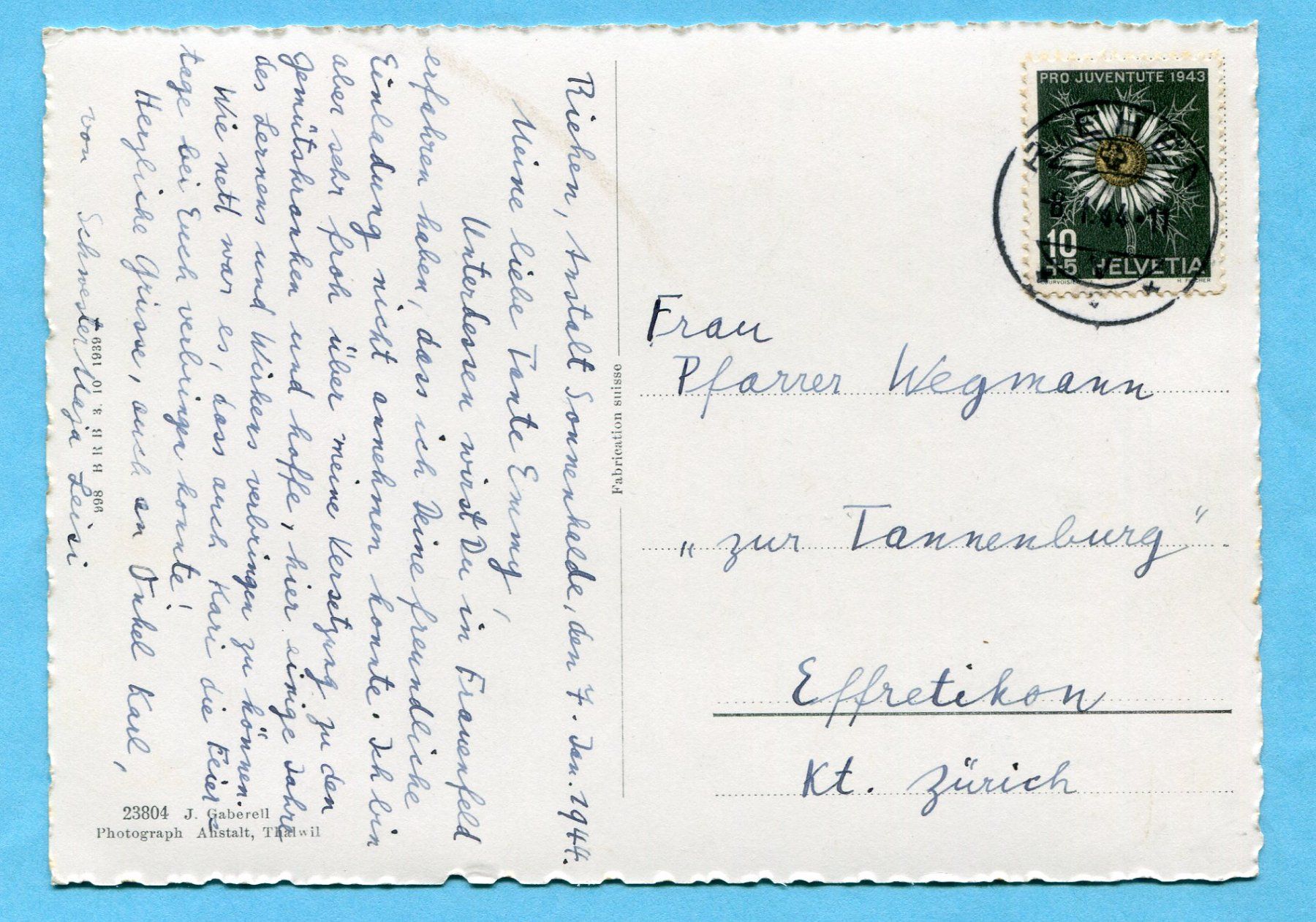 Cartoline postali: Riehen 1944 – Usato da Opfikon venduto da Prophila 1
