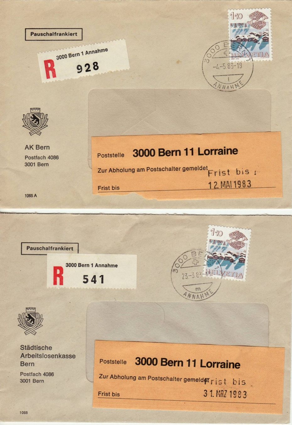 Tutti i francobolli: 089 CH, 8 R-BRIEFE mit Fristzettel BERN LORRAINE – Usato da Bern venduto da markenbak 1