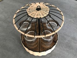6 verres et porte-verres en rotin et métal noir