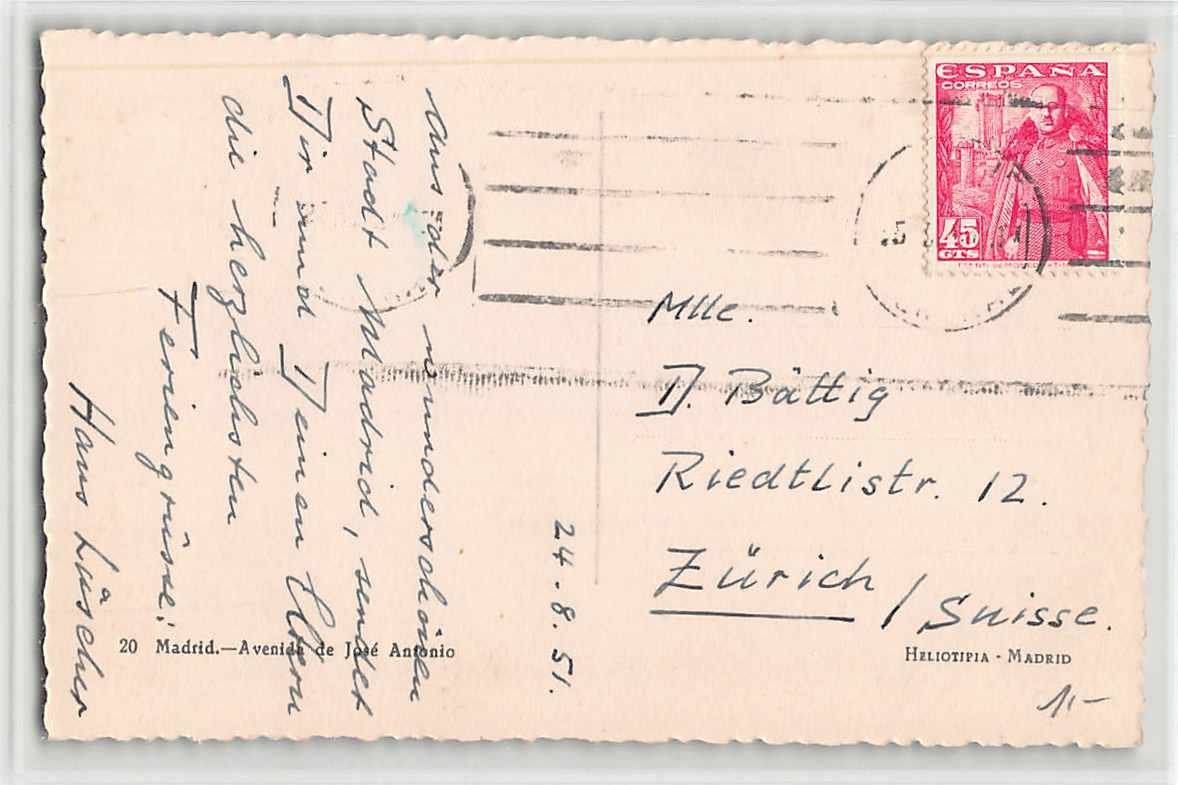 Ansichtskarten: uralte Ansichtskarte MADRID 1951 in die Schweiz – Gebraucht aus Lufingen von TopAnsichtskarten 1