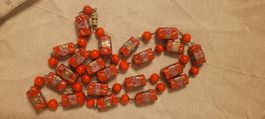 Collier vintage perles de verre Murano rouge doré années 60