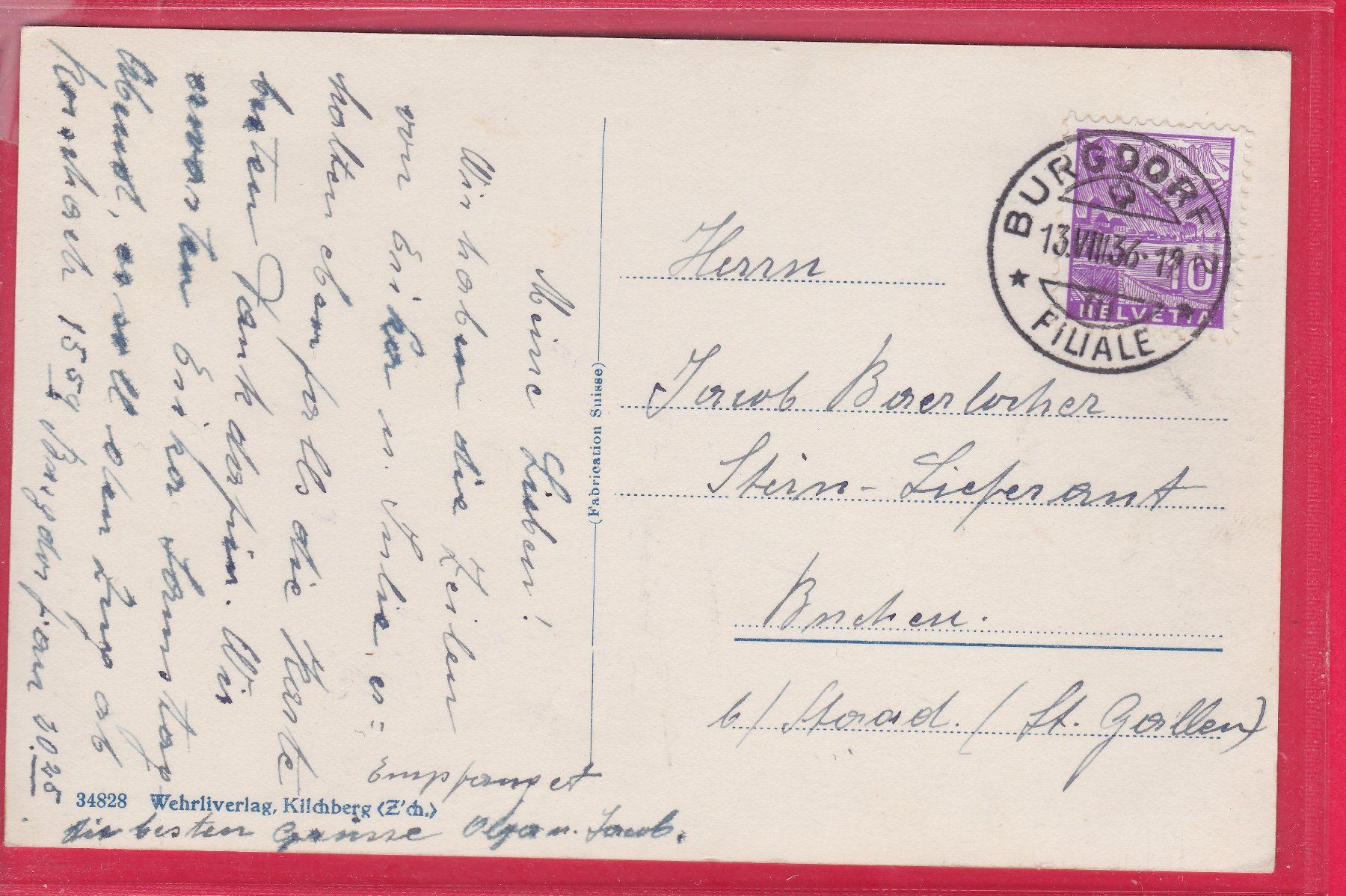 Cartoline postali: BURGDORF, KIRCHBÜHL, 13.8.1936 – Usato da Oberrieden venduto da Gebirgsstelze 1