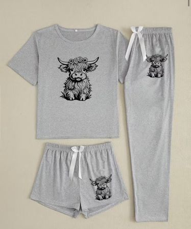 Schlafanzug-Pyjama-3-teilig-Highland-Kuh-sehr flauschig-Top