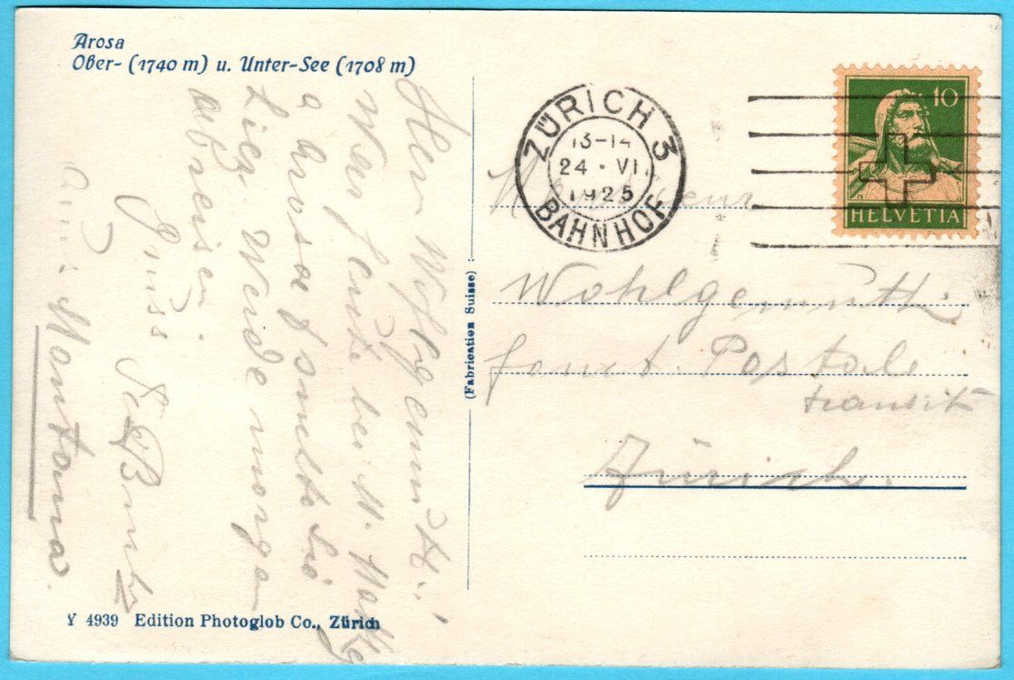 Cartoline postali: Arosa Ober- und Untersee 1925 – Usato da Zürich venduto da Sion2006 1