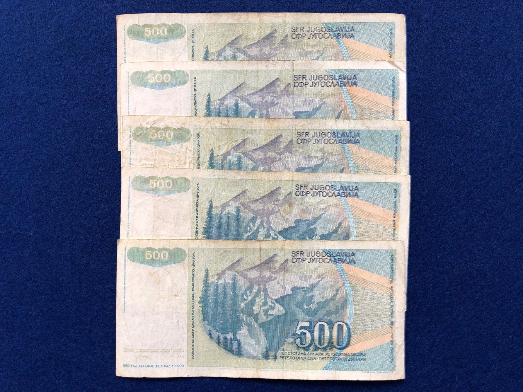 Banconote: Belgrad 1990 - YU - 5x500 Dinar – Usato da Pfäffikon SZ venduto da Sieben77 1