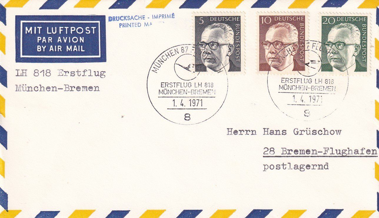 Tous les timbres: Erstflug Lufthansa München - Bremen 1971 – D'occasion à Baar par Asmara111