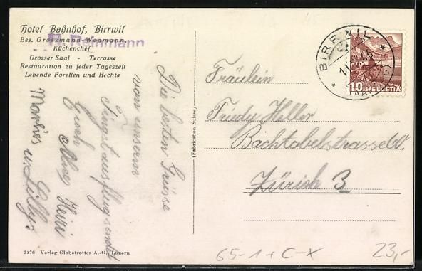 Cartoline postali: AK Birrwil, Hotel Bahnhof, 1946 – Usato da Berlin venduto da bartko-reher 1