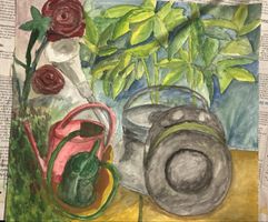 Aquarell Stilleben mit Giesskannen und Rosen, Kunst 49