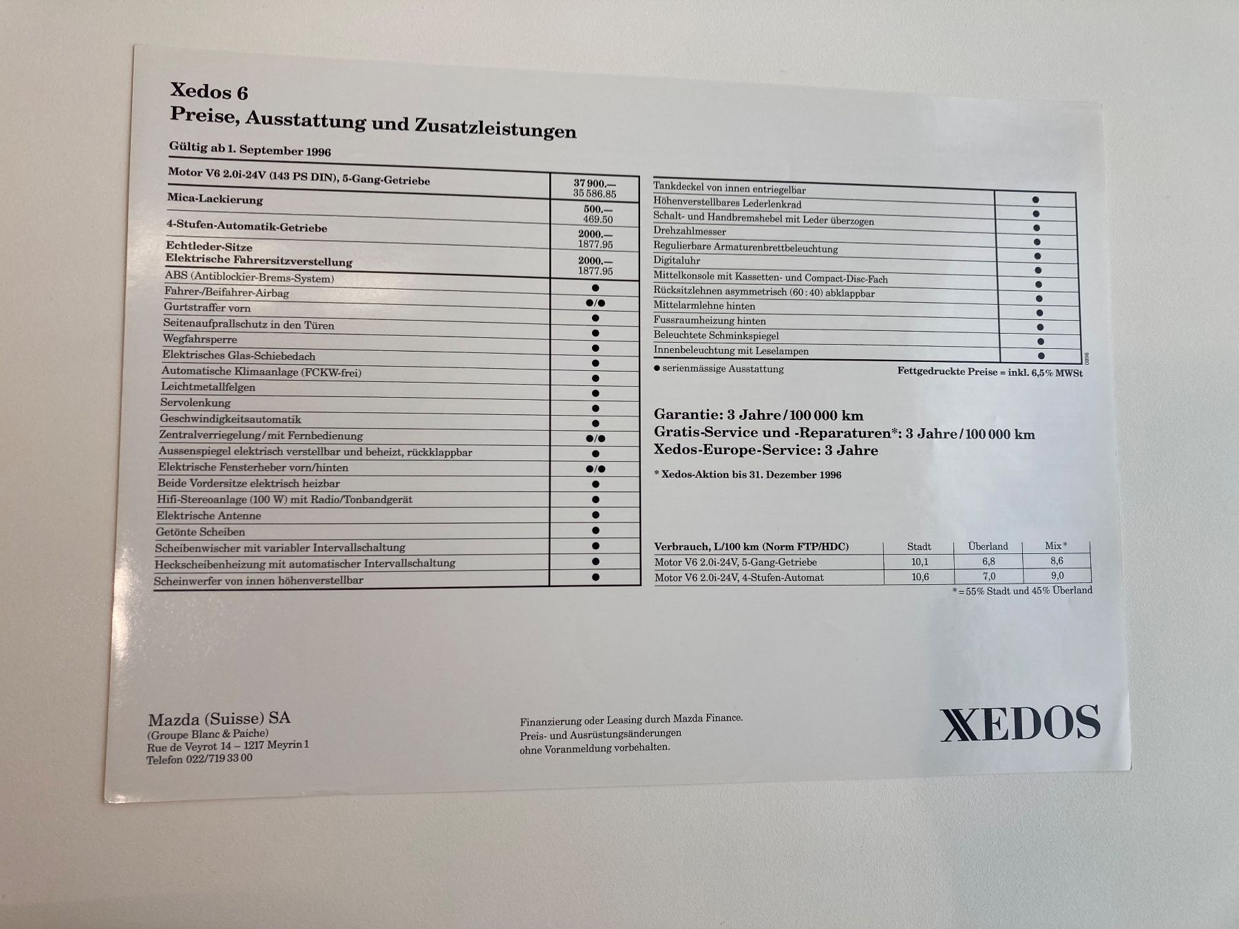 Mazda Documenti: Mazda Xedos 6 Prospekt 1996 – Usato da Horw venduto da adler65 2