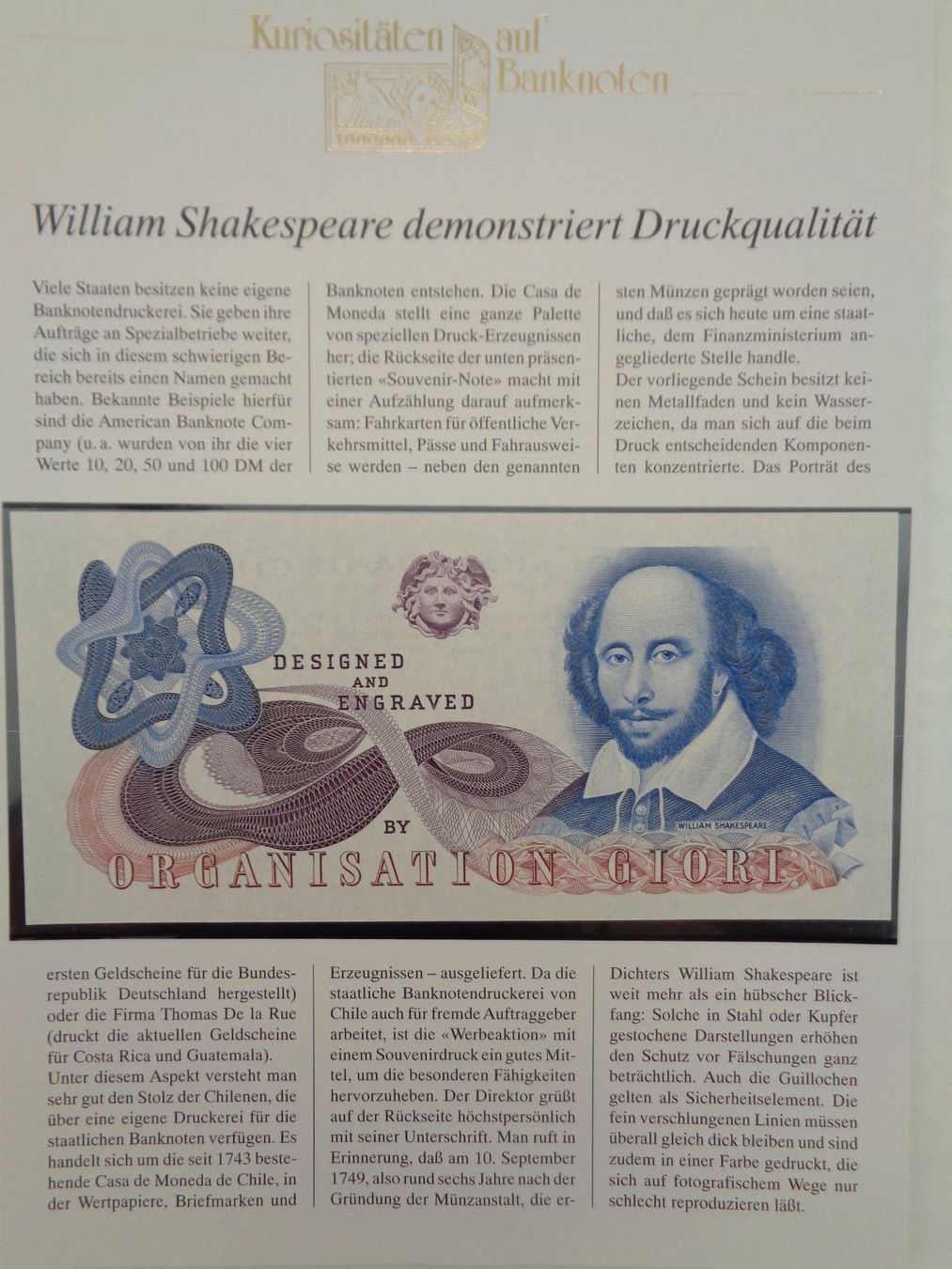 Billets de banque: Notenbrief-William Shakespeare Giori – Neuf (Voir description) à Chur par omonia