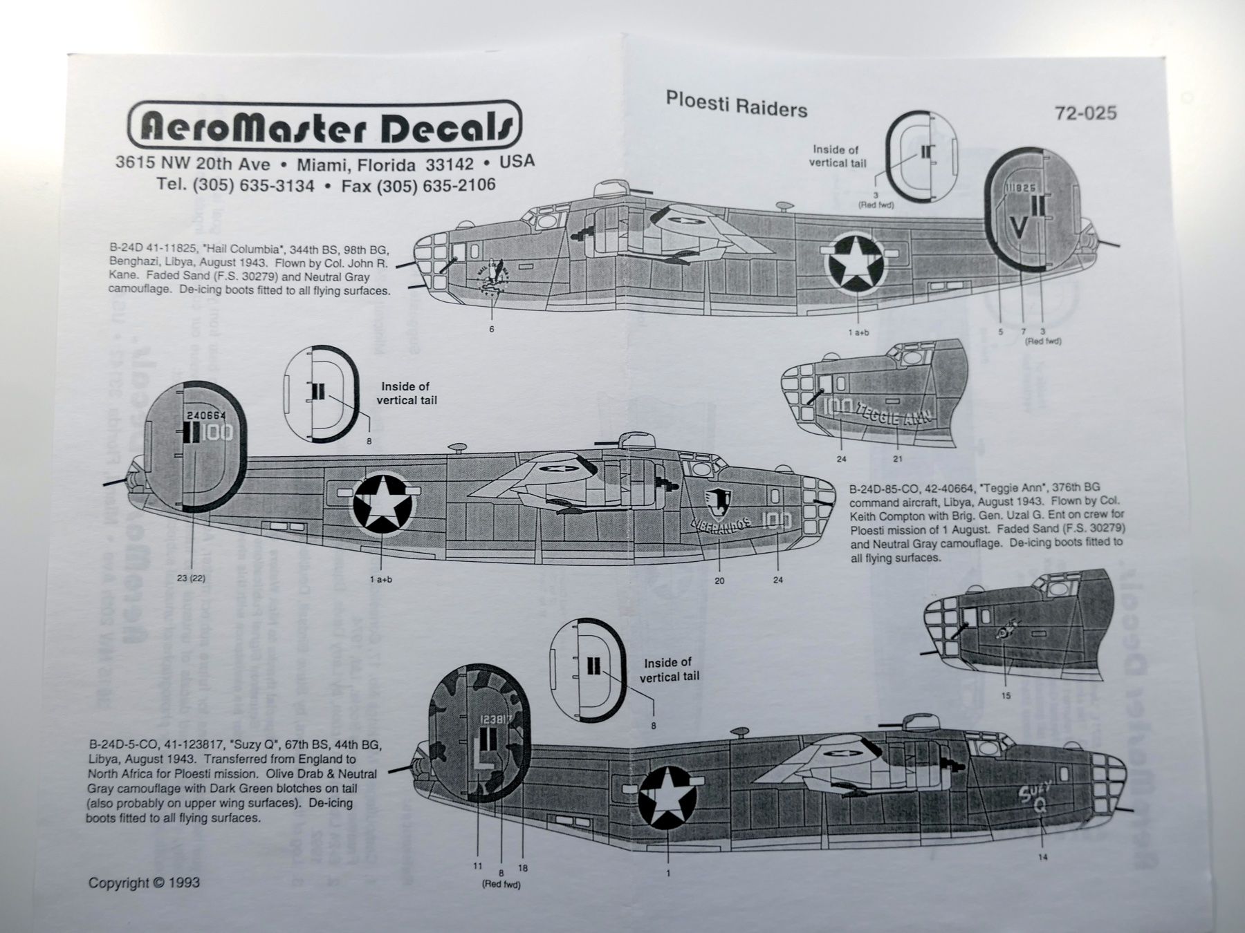 Kit di modellismo & Modellini statici: 1/72 B-24D Liberator Libya Mission 1943 - 4 Versionen Decals – Usato da Bassersdorf venduto da F-104fan