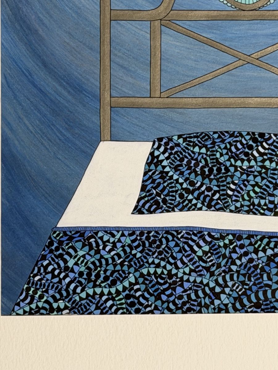 Poster & Bilder: Kunstwerk: Handgemaltes Bild mit Eule & Bett, blau. – Gebraucht aus Gunten von starfish3 3