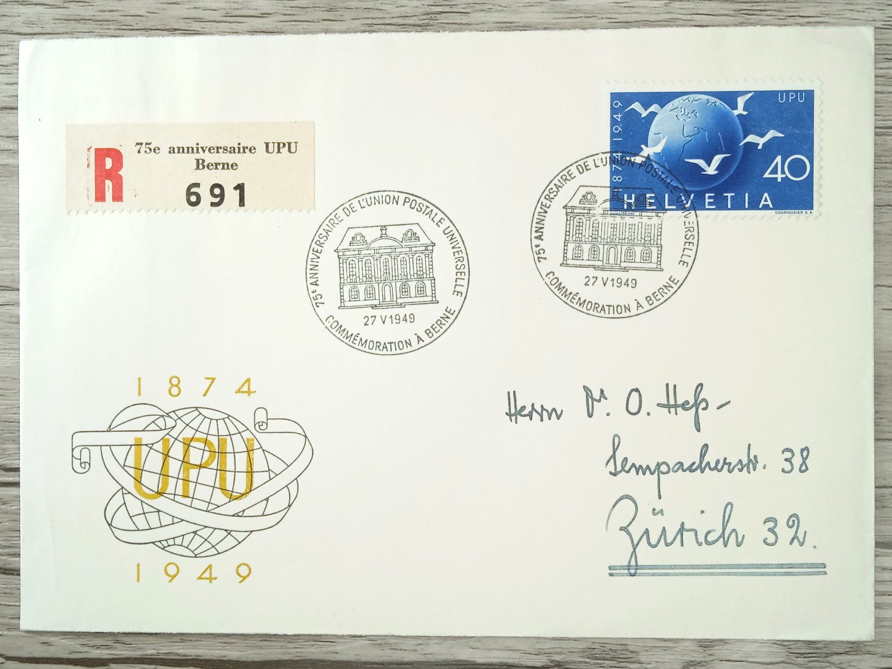 Tutti i francobolli: TR96 Enveloppe + Timbre Suisse 1949 – Usato da Cousset venduto da Patrick_Collections
