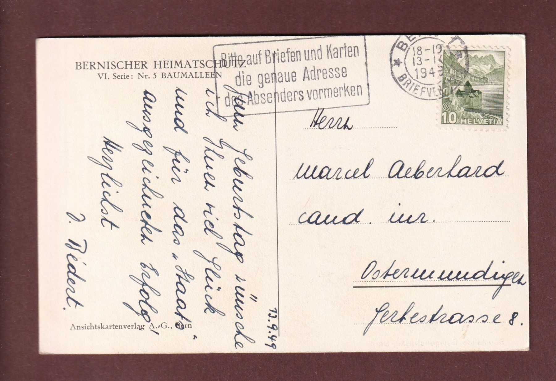 Ansichtskarten: Bern - Baumallee BOLLIGENSTRASSE - 1949 – Gebraucht aus Pully von nicecards-shop 1