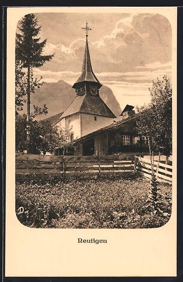 Cartoline postali: AK Reutigen, Ortspartie mit Kirche, 1913 – Usato da Berlin venduto da bartko-reher