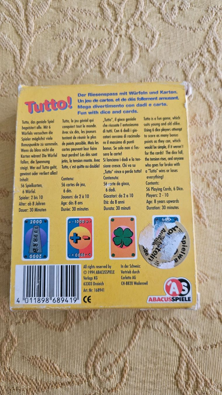 Giochi: Gioco "Tutto!" Mega divertimento con carte e dadi – Usato da Melano venduto da H-Sara 1