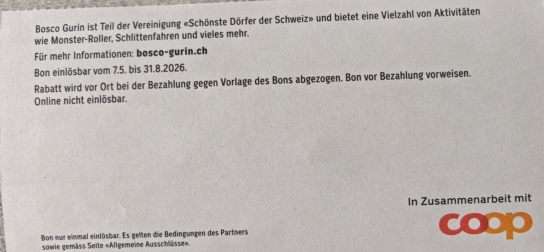 Buoni: Gutschein 30%Bergbahnen Bosco Gurin – Usato da Schmiedrued venduto da elvis_88 1