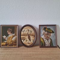 Vintage Stickerei Bilder, Frau, Vogel, gerahmt