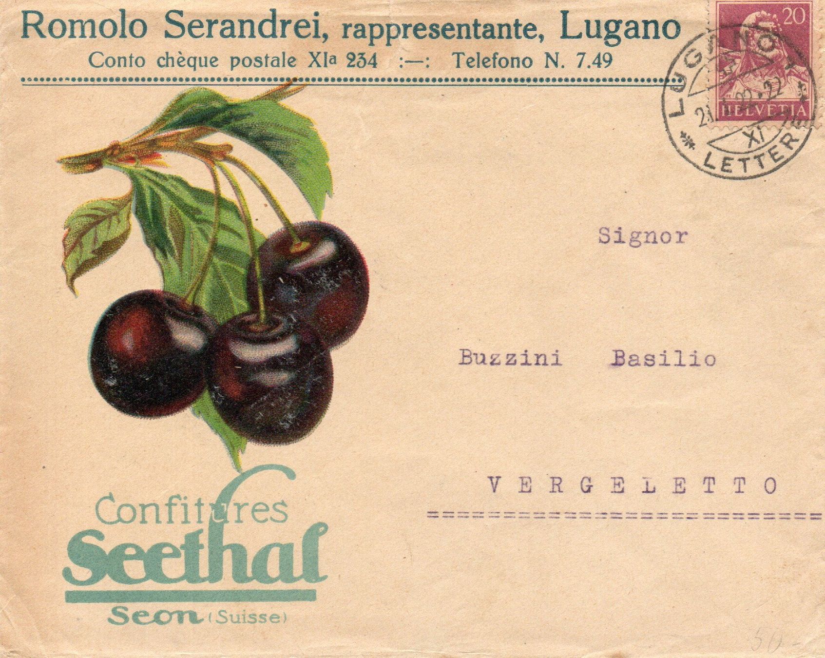 Tutti i francobolli: Romolo Serandrei-Lugano - Confitures Seethal – Usato da Melano venduto da pisonsdro