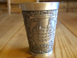 Pforzheimer Relief Zinn Becher m.d.Barfüsser Kirche,95% Zinn