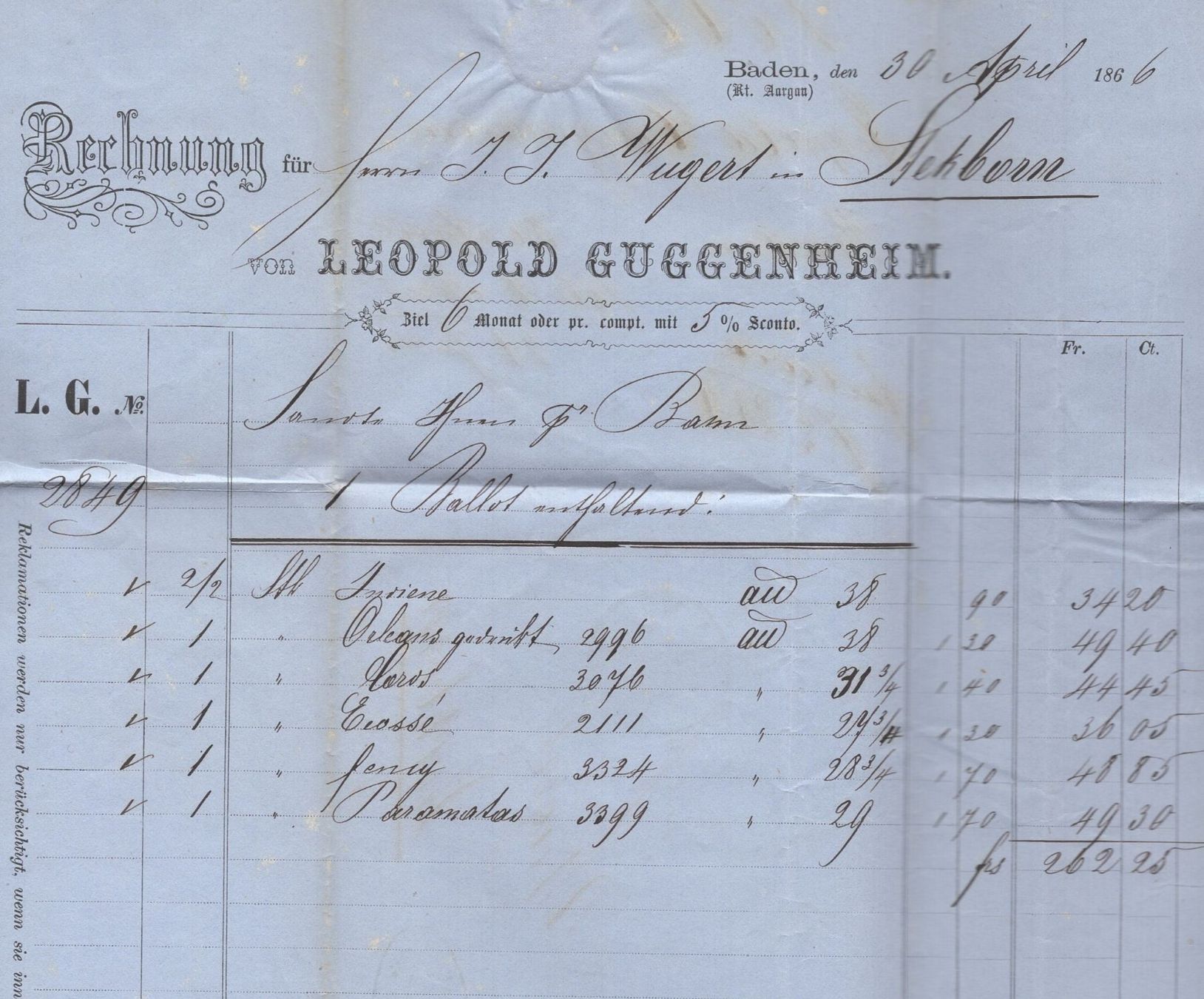 Alle Briefmarken: BADEN 2.MAI.66   Rechnung:  LEOPOLD  GUGGENHEIM – Gebraucht aus Aarau von kufi44 4