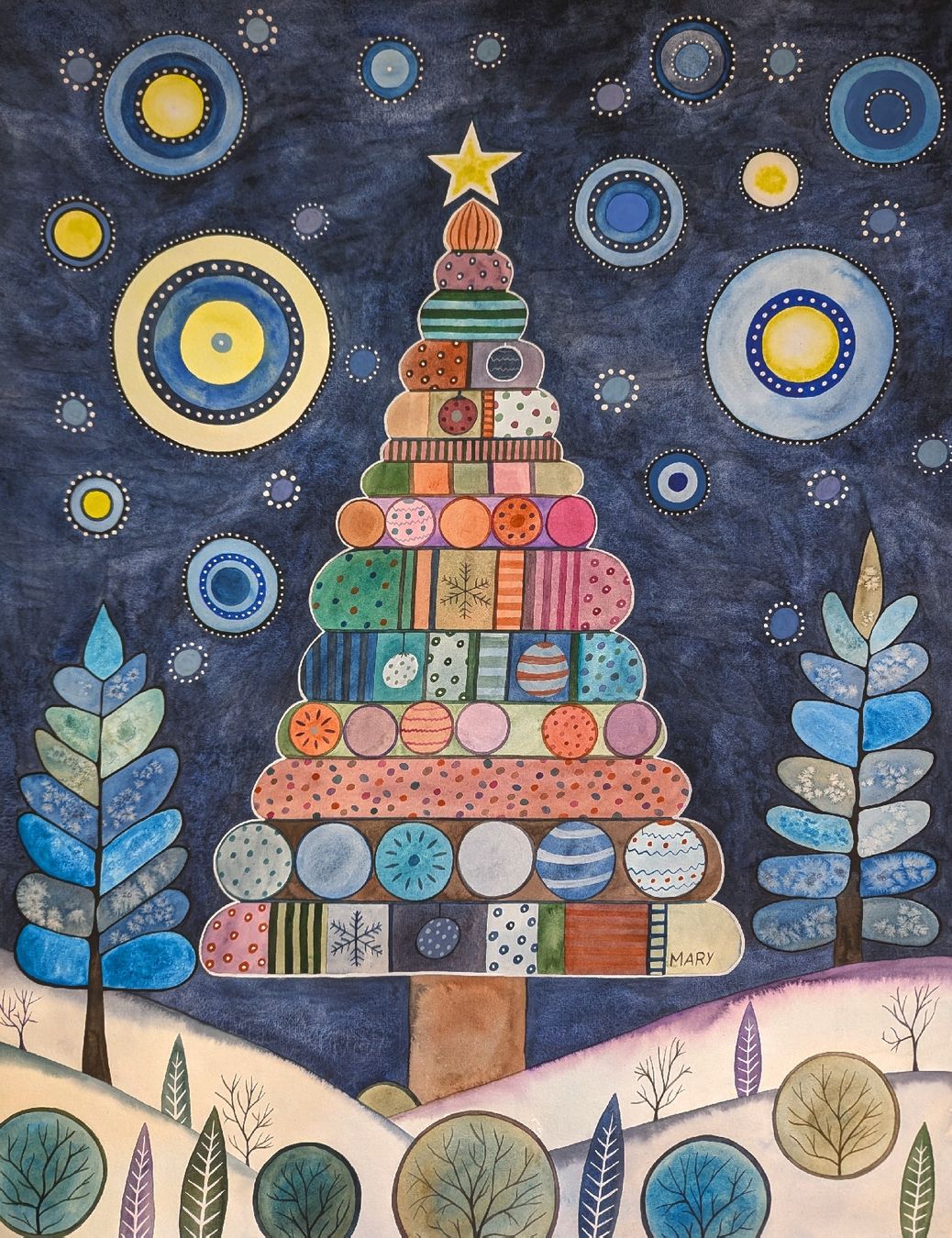 Gemälde: Original Aquarell Weihnachtsbaum naive Kunst Bild – Neu und originalverpackt aus Wittenbach von Mary.M.Boesch