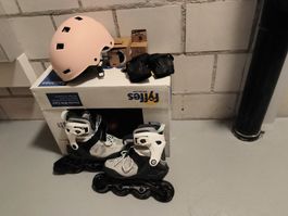 Inlineskates Gr. 38 Helm(Gr. 59) Handschutz + Ersatzteile