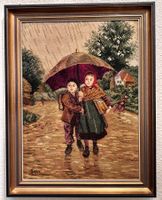 Schulkinder unter Regenschirm, Gobelin-Stickerei