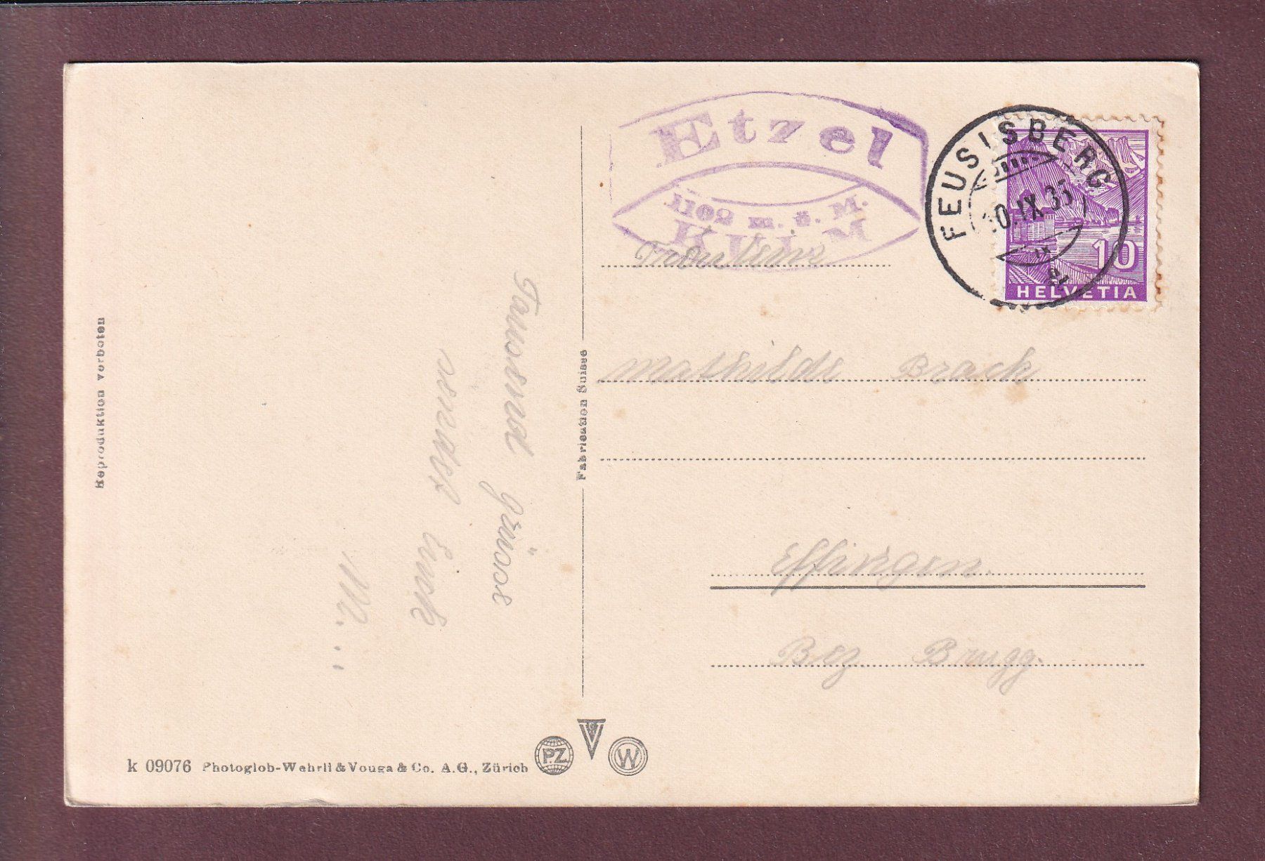 Cartoline postali: Feusisberg - ETZEL-KULM - 1935 – Usato da Pully venduto da nicecards 1