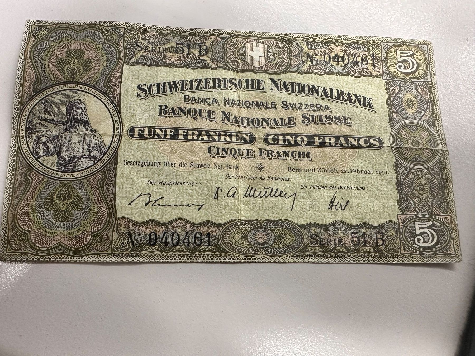 Banknoten: 5 Fr.-Note Schweiz 1951 – Gebraucht aus Herisau von herau