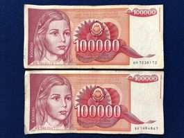 Belgrad 1989 - Jugoslawien - 100000 Dinara - 2 Banknoten